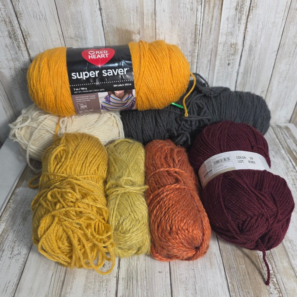 Mixed Yarn Lot Red Heart Super Saver Saffron Zeeman Burgundy Fall Colors 7pc